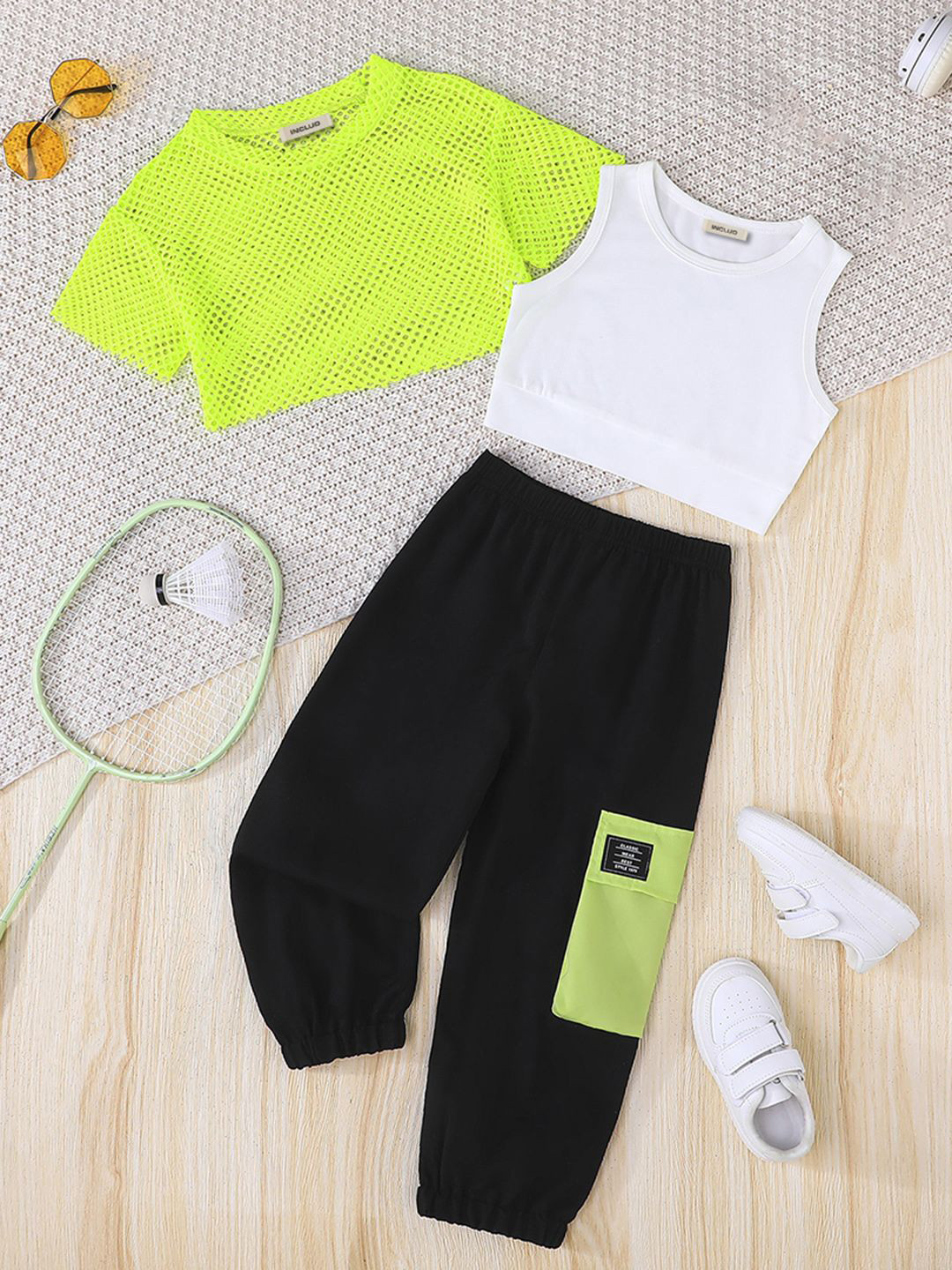 INCLUD Girls Self Design Round Neck T-shirt With Trousers & Top