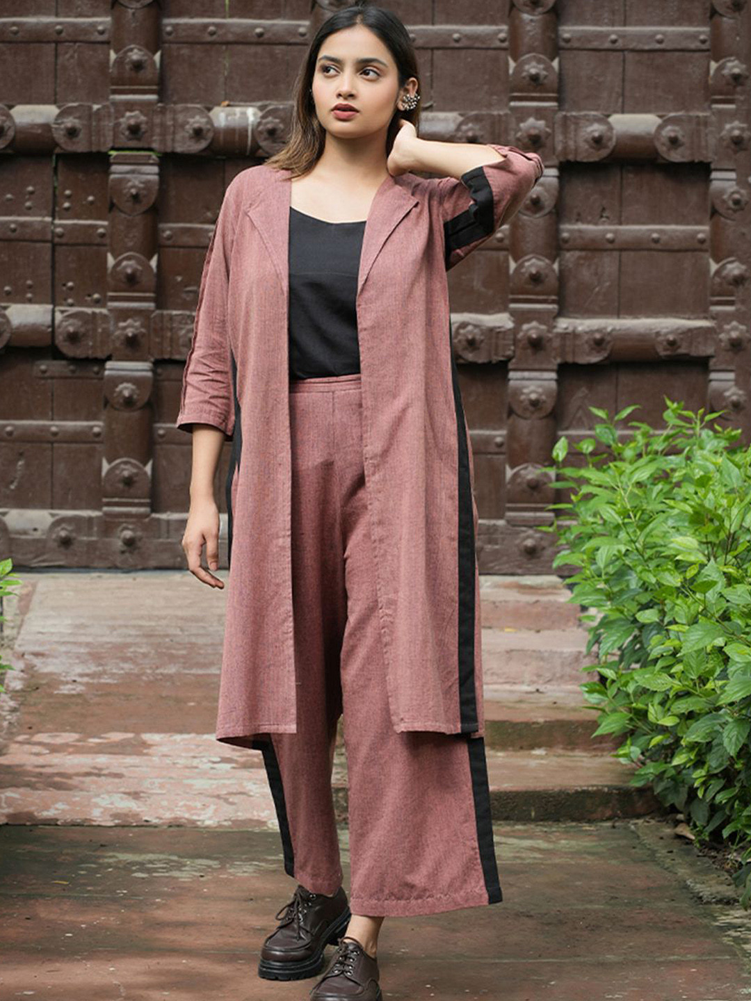JITI Kshama Notched Lapel Collar Pure Cotton Coat With Palazzo