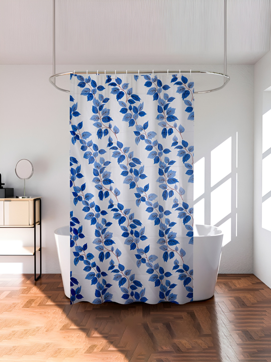 Aura White & Blue Leaf Printed Durable Waterproof Shower Curtain With 8 Rings