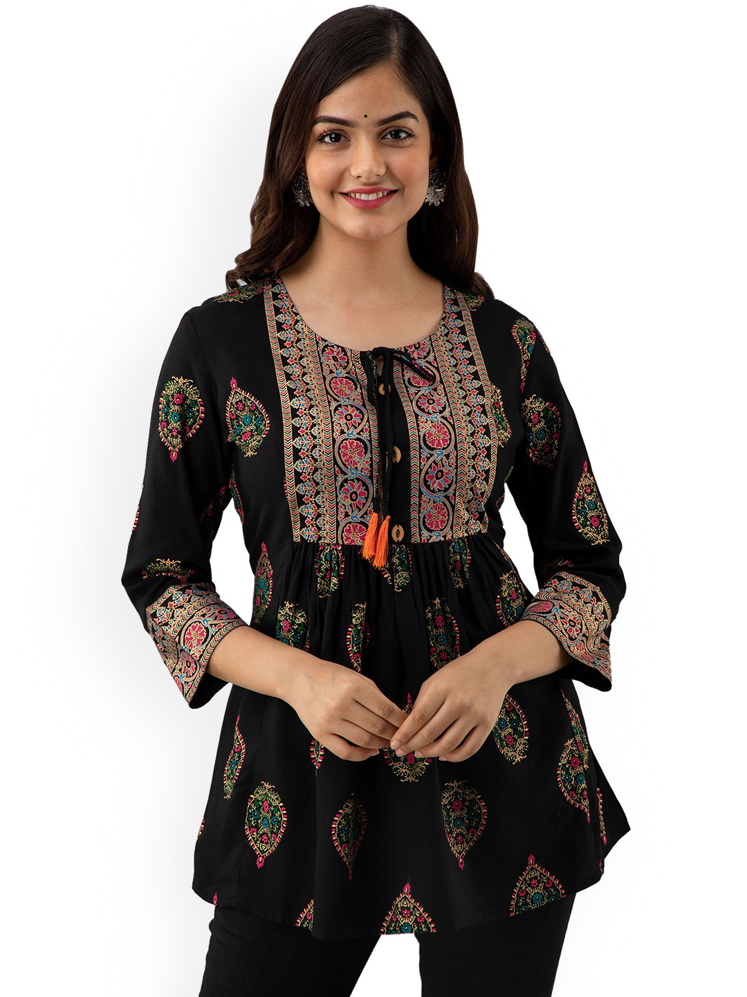 DMP FASHION Floral Printed Tie-Up Neck A-Line Kurtis