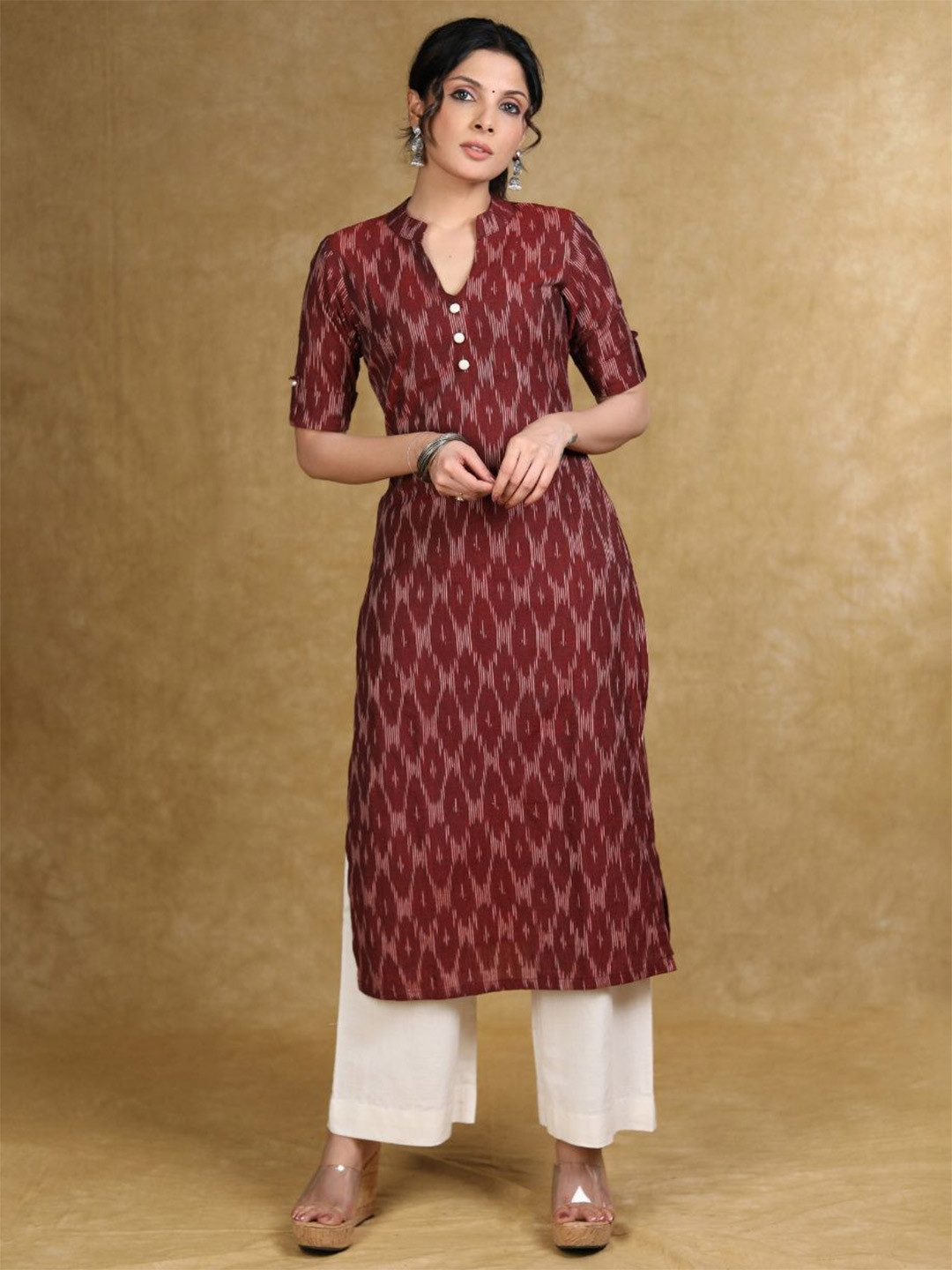 SUJATRA Ethnic Motifs Printed Mandarin Collar Cotton Straight Kurta
