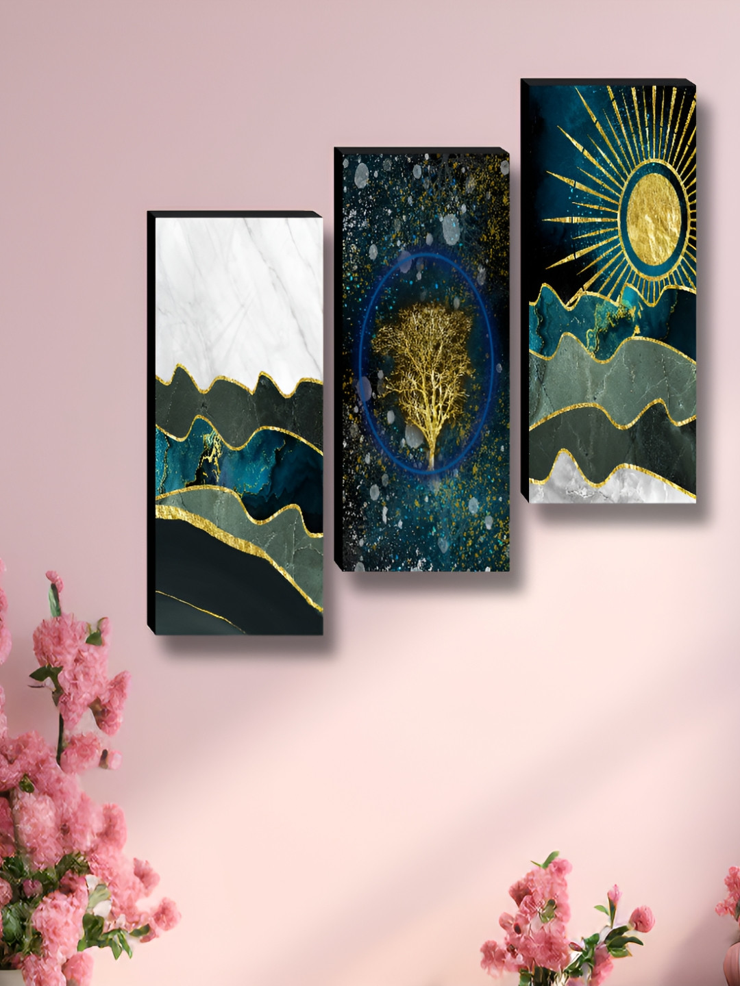 Aura White Wood 3 Pcs Wall Living Room Rectangle Potrait Paintings Wall Art -3.10 x 1.64In