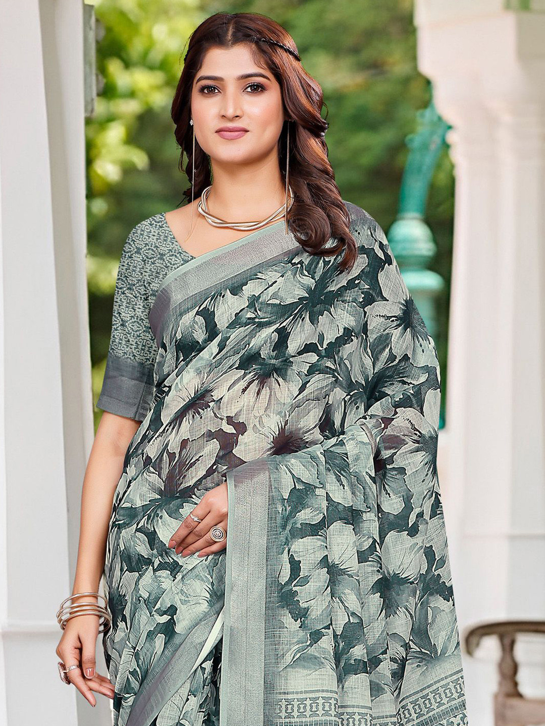 Anouk Rustic Floral Printed Zari Block Print Saree