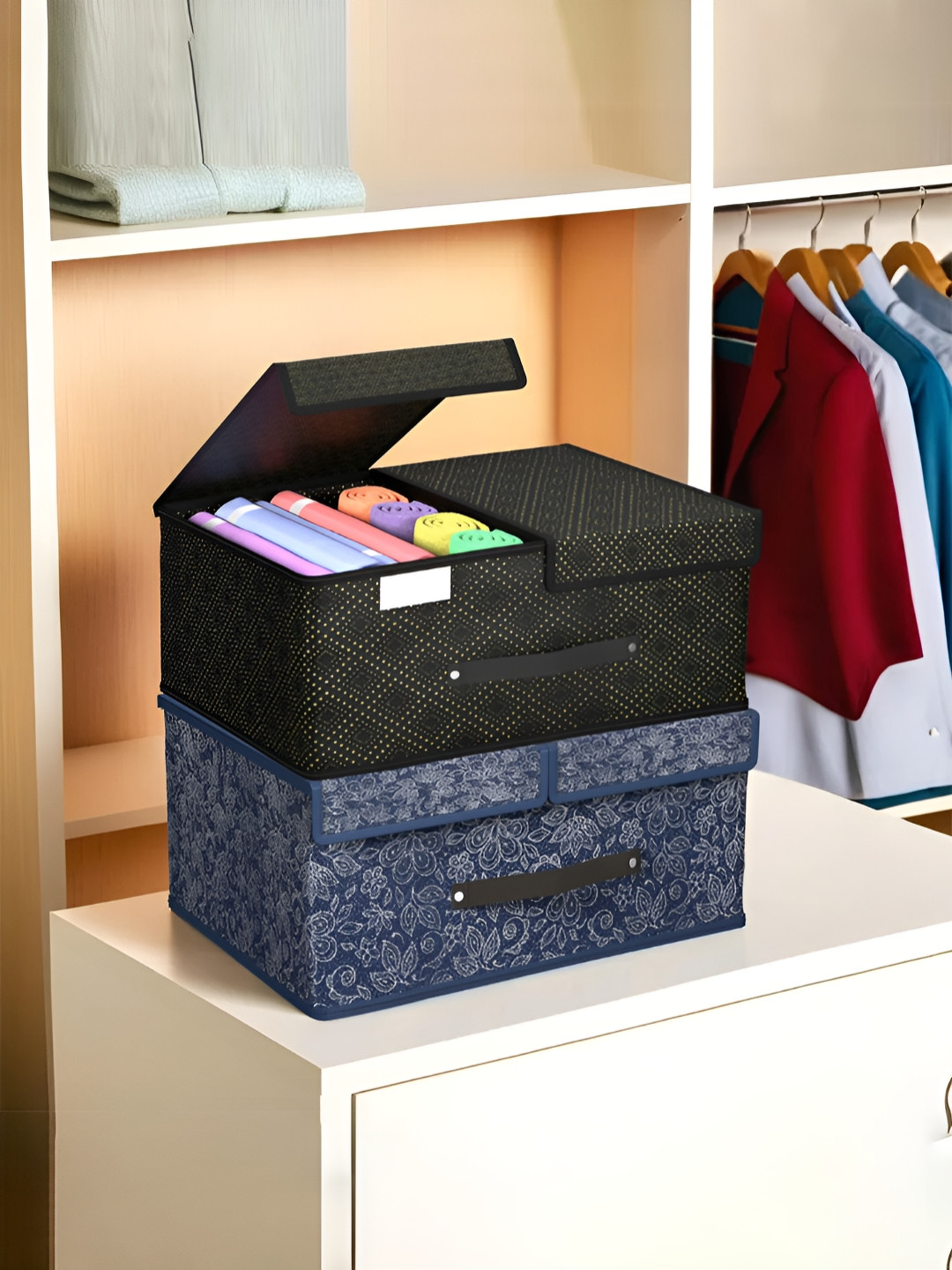 Aura Black & Yellow 2 Pieces Printed Foldable Double Lid Wardrobe Multi-Utility Organisers