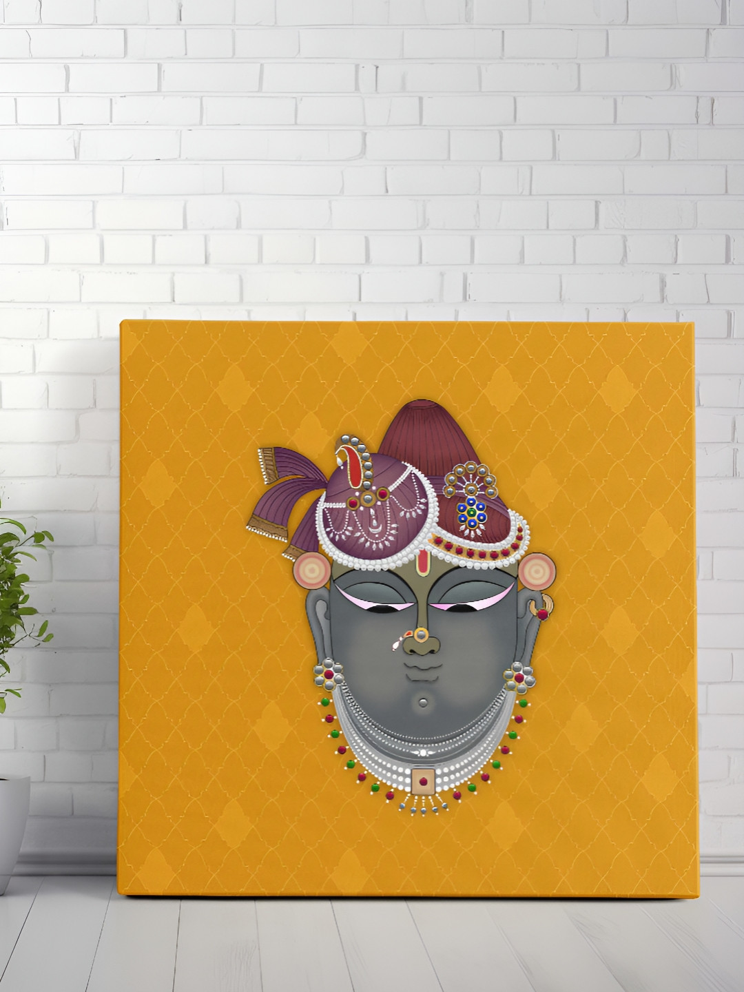 SAF Mustard & Grey Pichwai Cow & Lord Shrinath Ji Religious Canvas Wall Art