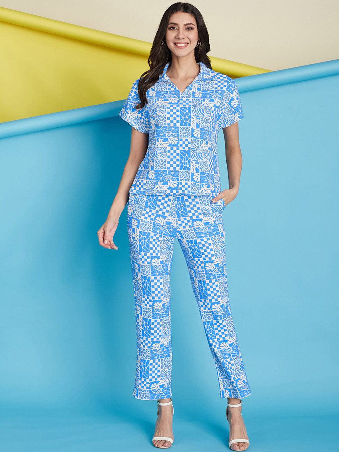 Selvia Printed Shirt Collar T-Shirt With Trouser