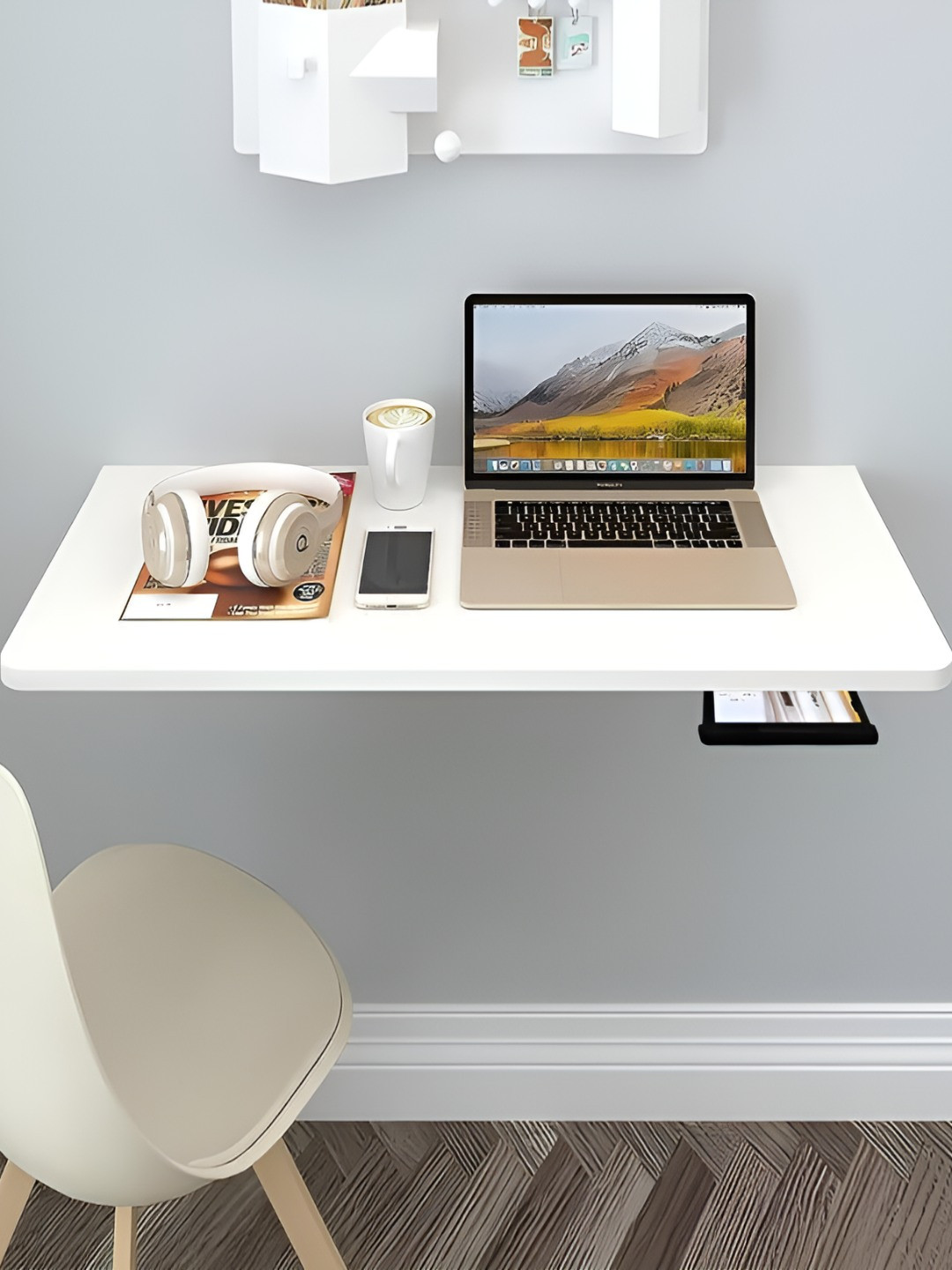 Torche White Wooden Wall Mounted Foldable Study Table With Drawer
