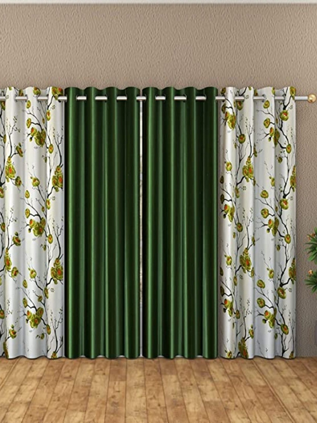 Galaxy Home Decor Green 4 Pieces Floral Printed Long Door Curtain 9 Feet