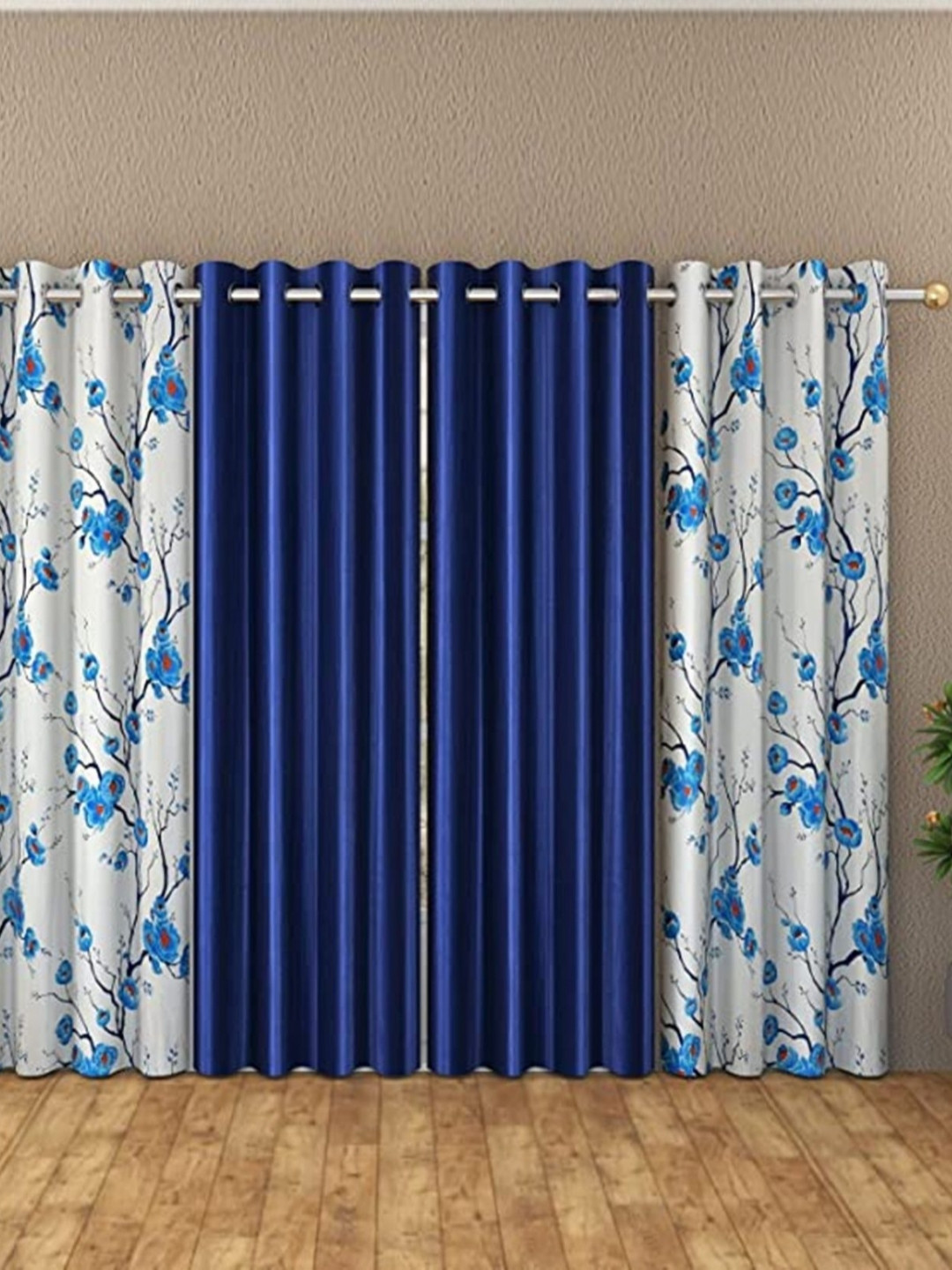Galaxy Home Decor Blue 4 Pieces Floral Printed Long Door Curtain 9 Feet