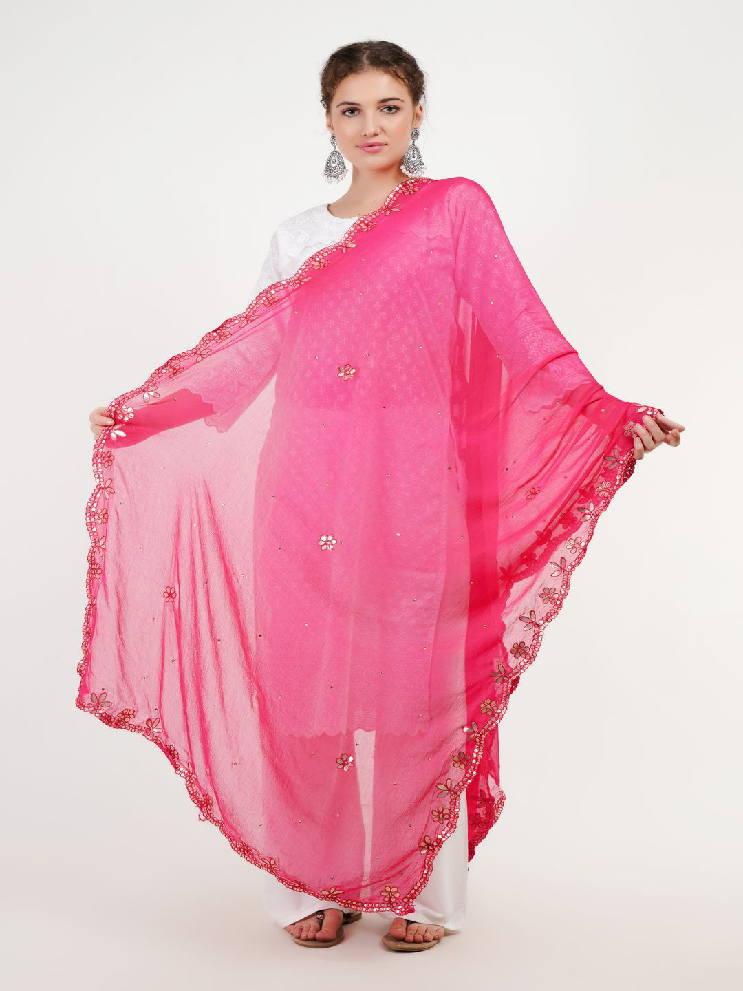 Karthav Fashion Floral Embroidered Gotta Patti Chiffon Cut Work Dupatta