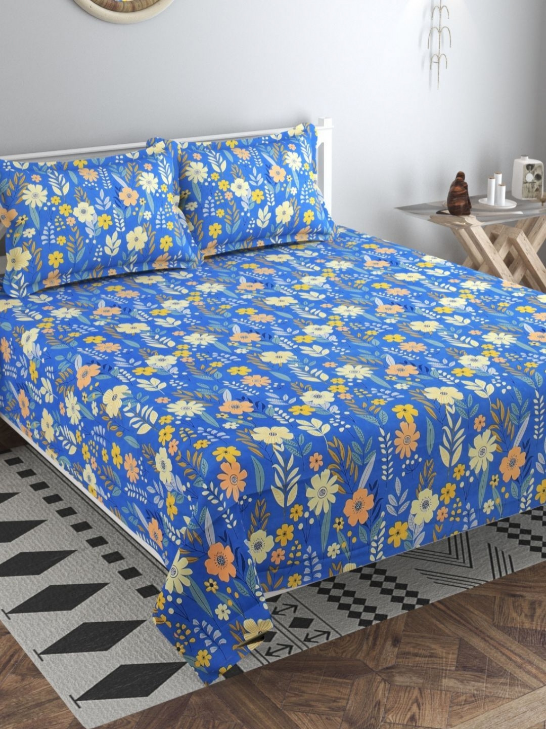 VAS COLLECTIONS Kingston Blue & Yellow Floral Cotton 210 TC King Bedsheet Set-2.74x2.74m