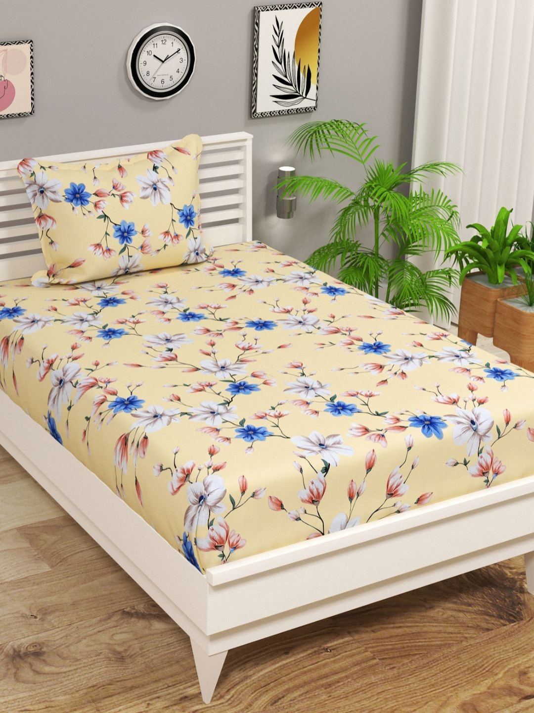 VAS COLLECTIONS Valancia Cream-Coloured Floral Microfiber 210 TC Bedsheet Set-2.28mx1.52m