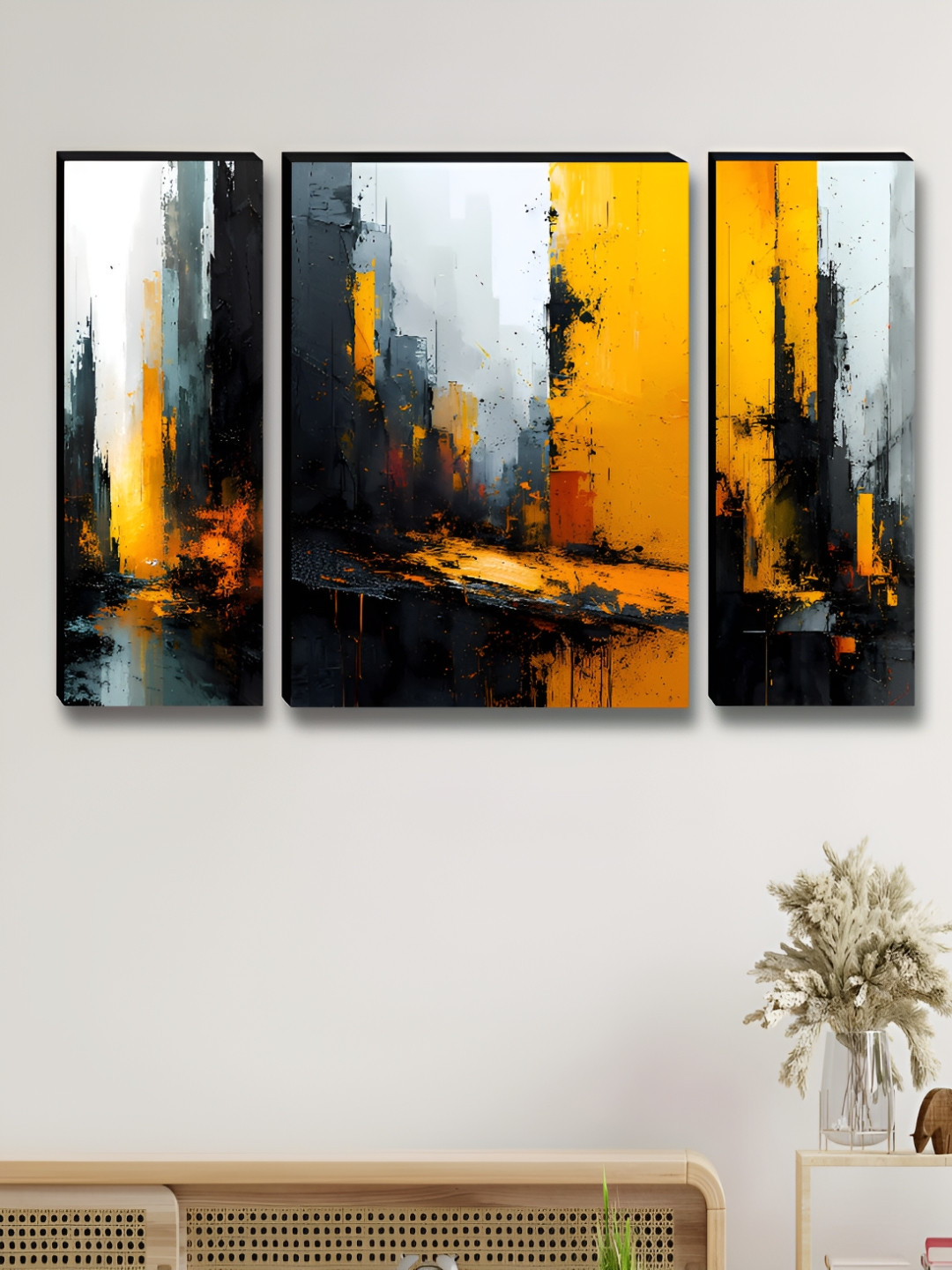 Aura Yellow & Black 3 Pieces Abstract Wooden Wall Arts