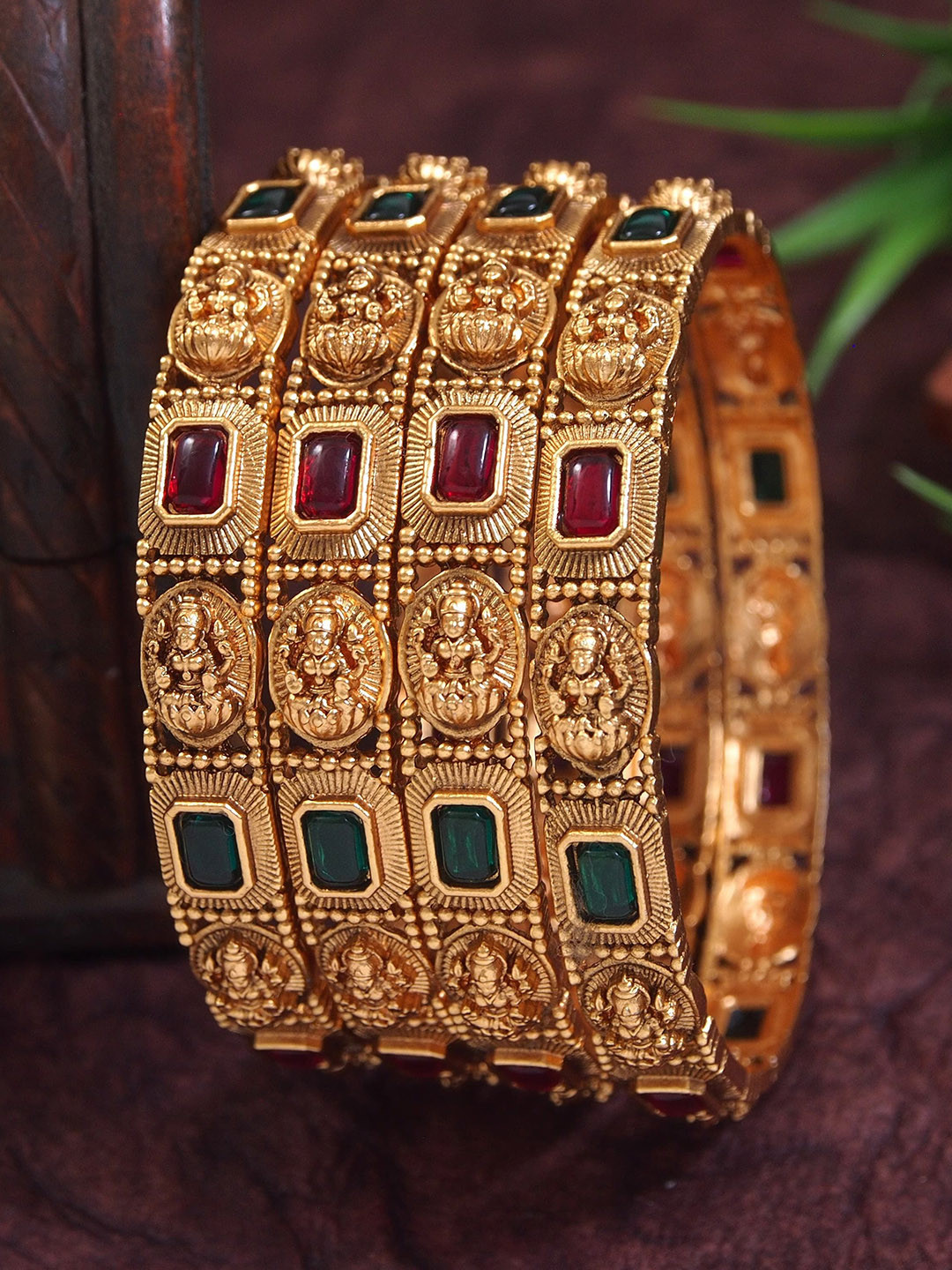 Anouk Set Of 4 Gold-Plated Stones Studded Antique Matte Temple Bangles