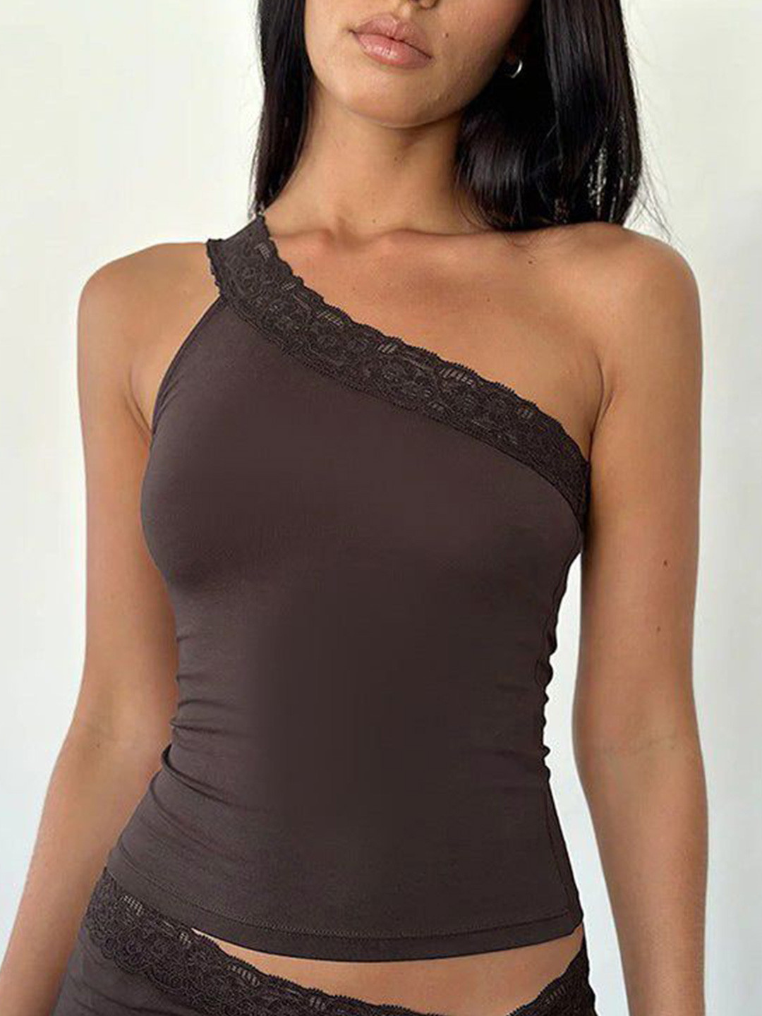 Outzidr One Shoulder Lace Insert Top