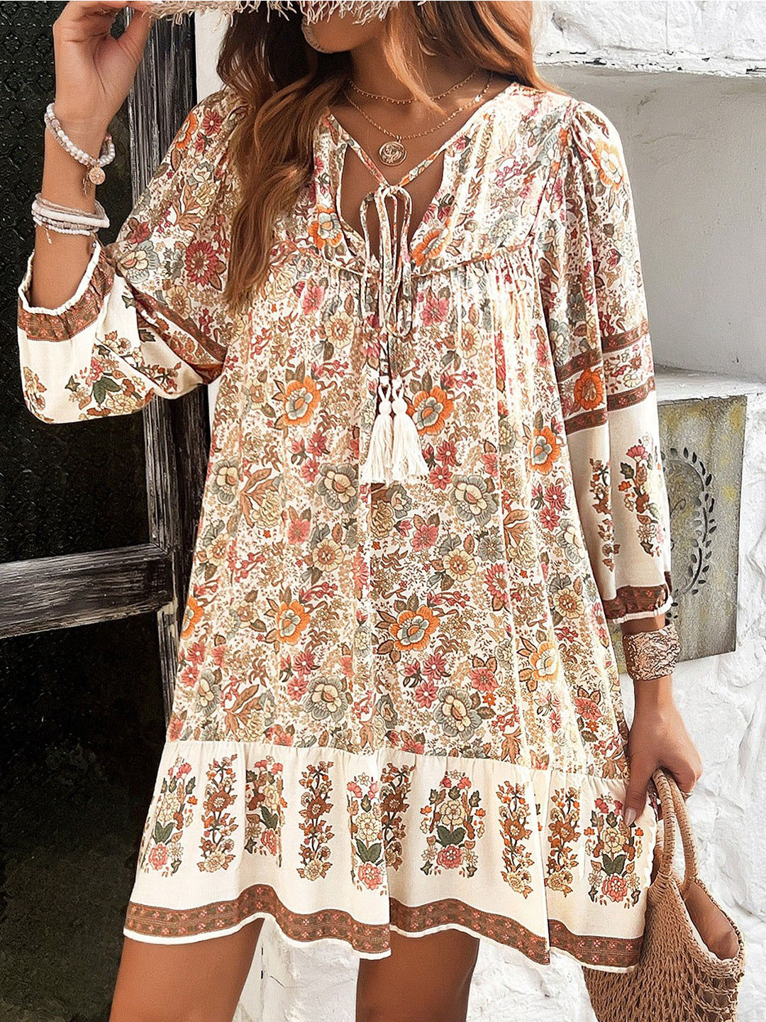 Outzidr Women Boho Printed Mini Dress