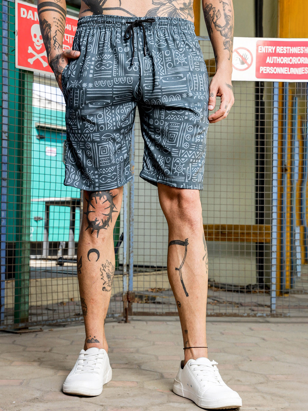 House of Koala Grey Tribal Printed Relaxed Fit Shorts