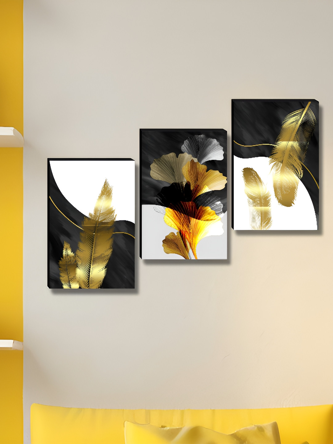 SAF Black & White 3 Pieces Floral and Botanical Wood Wall Art