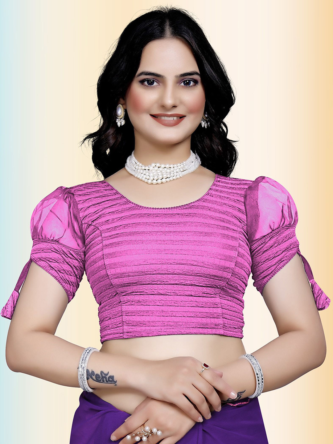 TANISHM FEB TEX Round Neck Embossed Saree Blouse