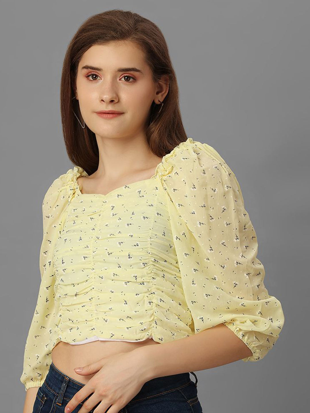 SXV STYLE Floral Micro Print Puff Sleeve Cotton Smocked Fitted Crop Top