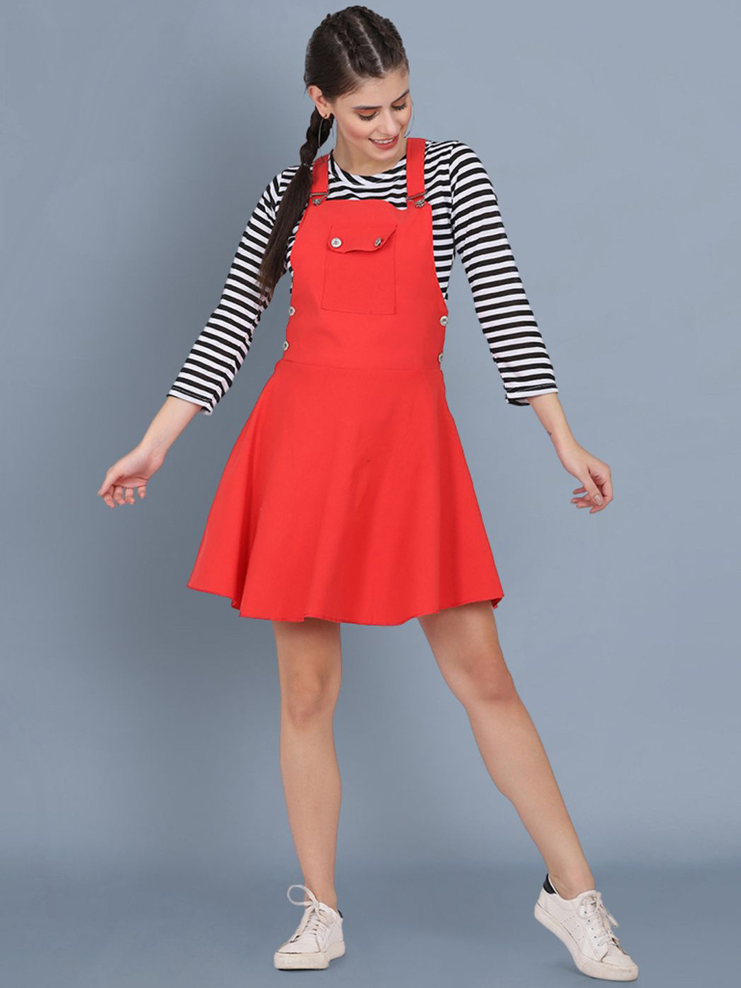 DIMPY GARMENTS Women Striped Dungaree Dress with Top
