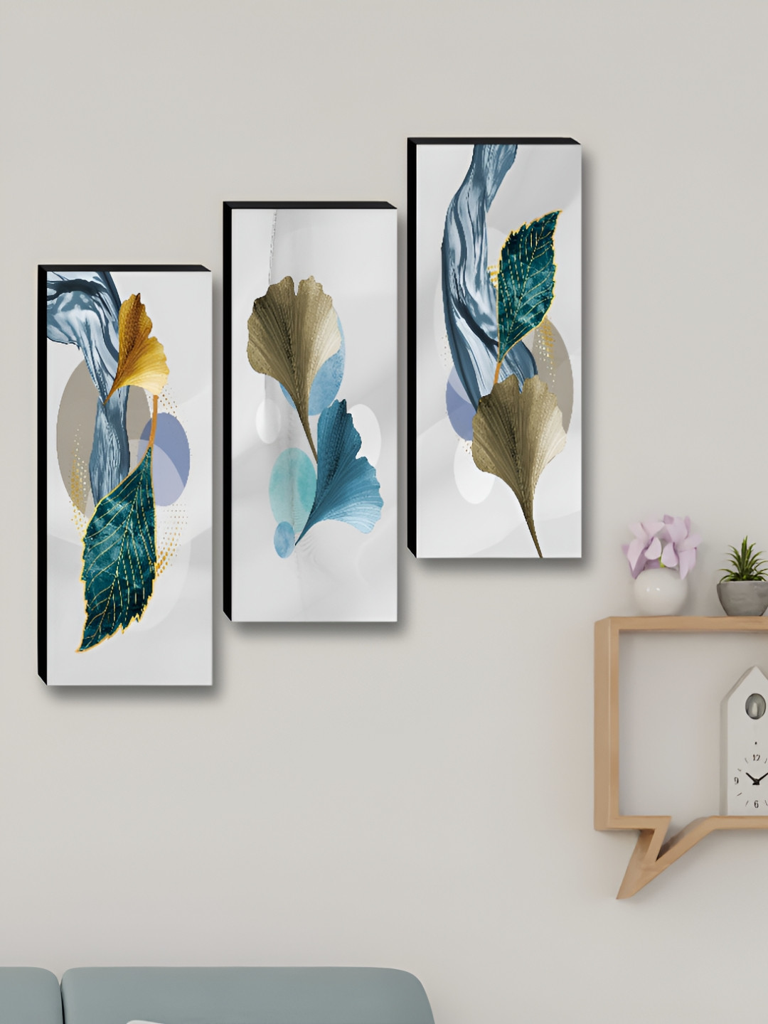 Aura Leaf Wood 3 Pcs Wall Rectangle Paintings Wall Art 15 x 6In