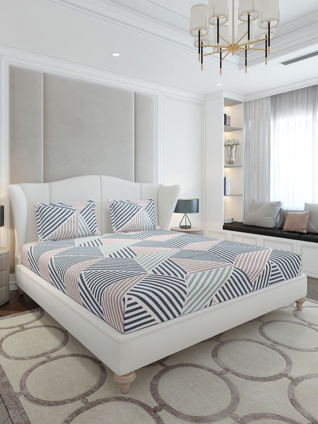 Monte Carlo Grey & Blue Geometric Printed 120 TC Queen Bedsheet Set-2.50 m x 2.30 m