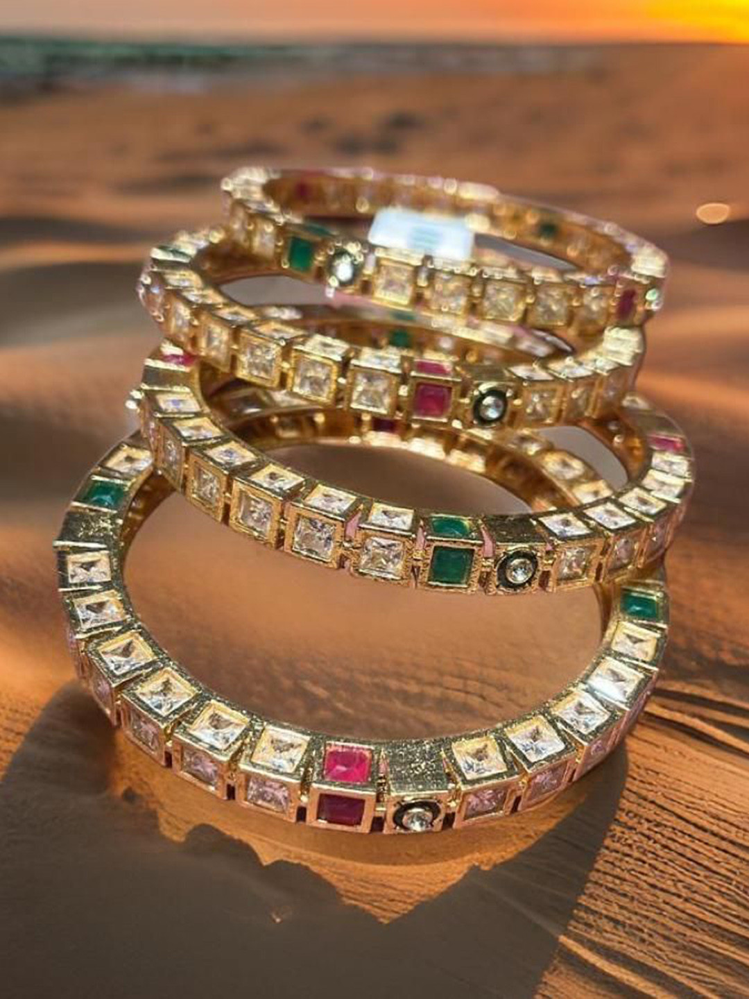 WTF - WEAR THE FASHION Set Of 4 Gold Plated Kundan Studded Bangle