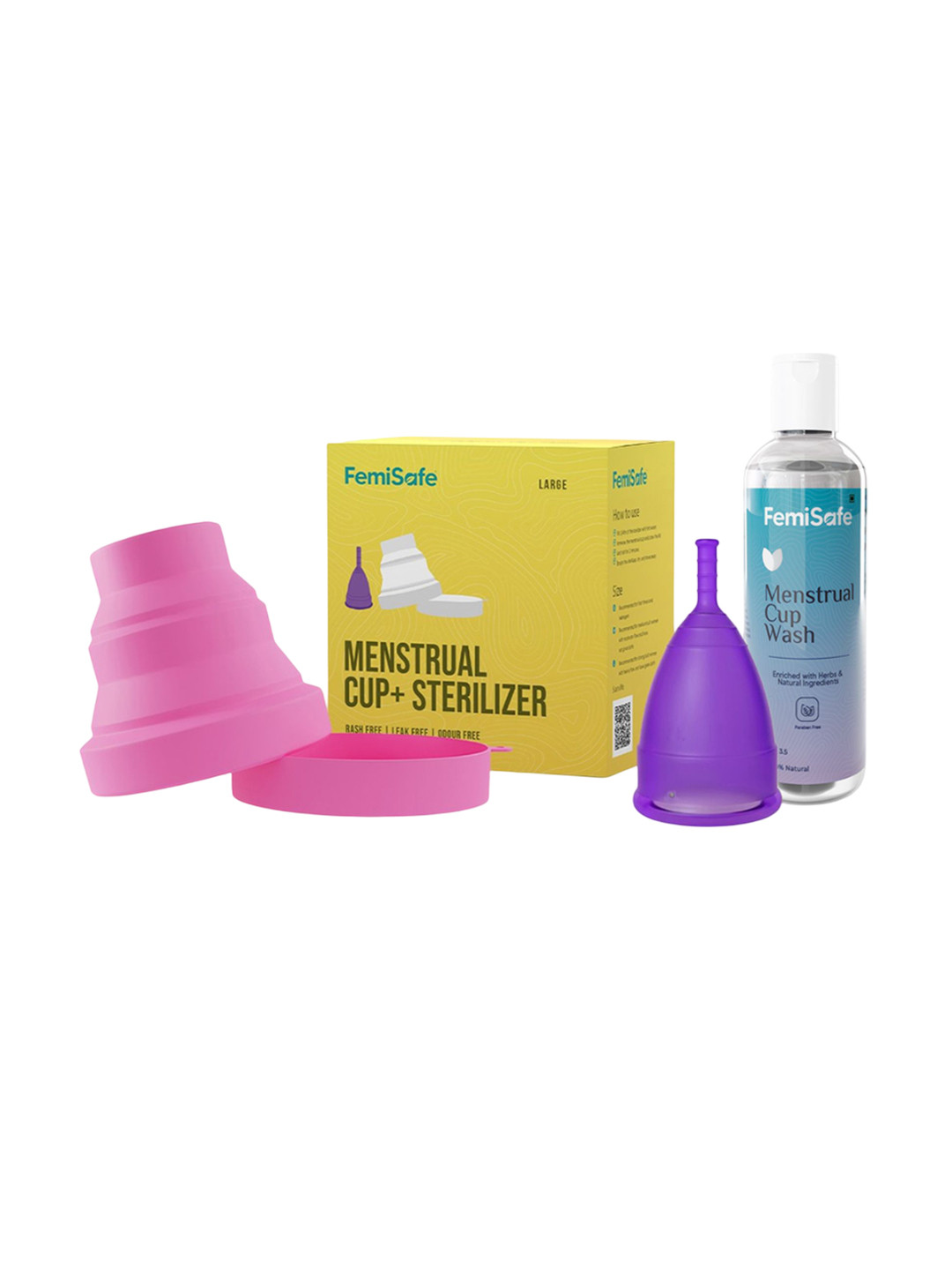 FEMISAFE Set Of 3 Leakproof Menstrual Cup- L & Sterilizer And Cup Wash