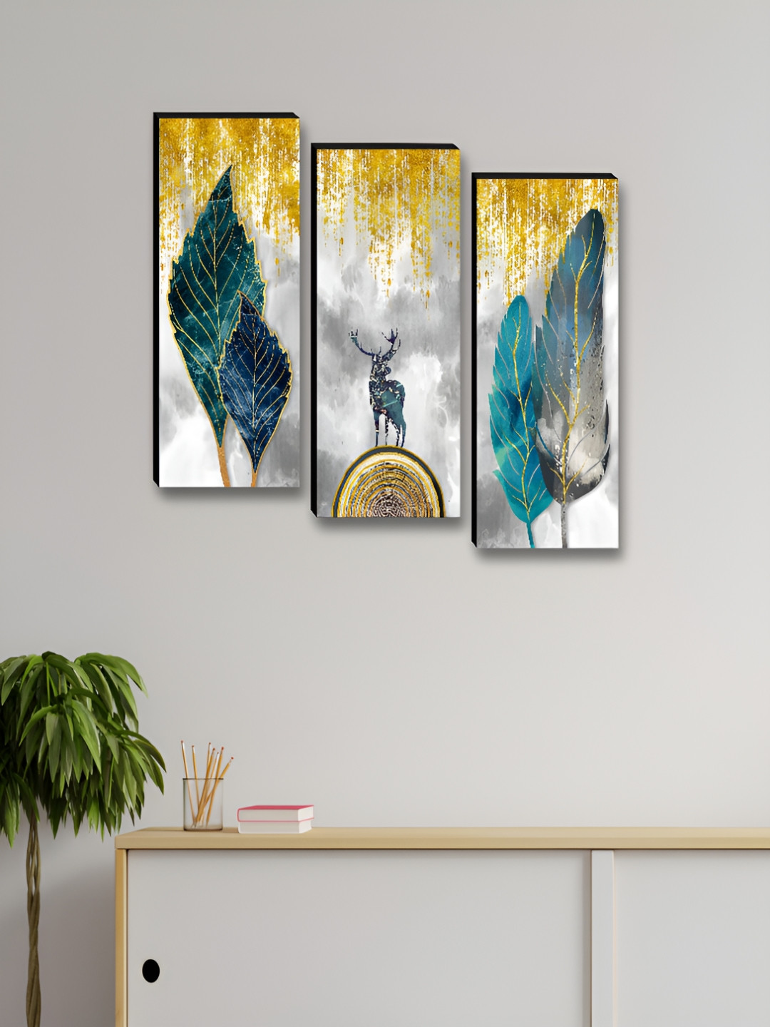 Aura Deer & Leaf Wood 3 Piece Wall Rectangle Paintings Wall Art -15 x 6 In