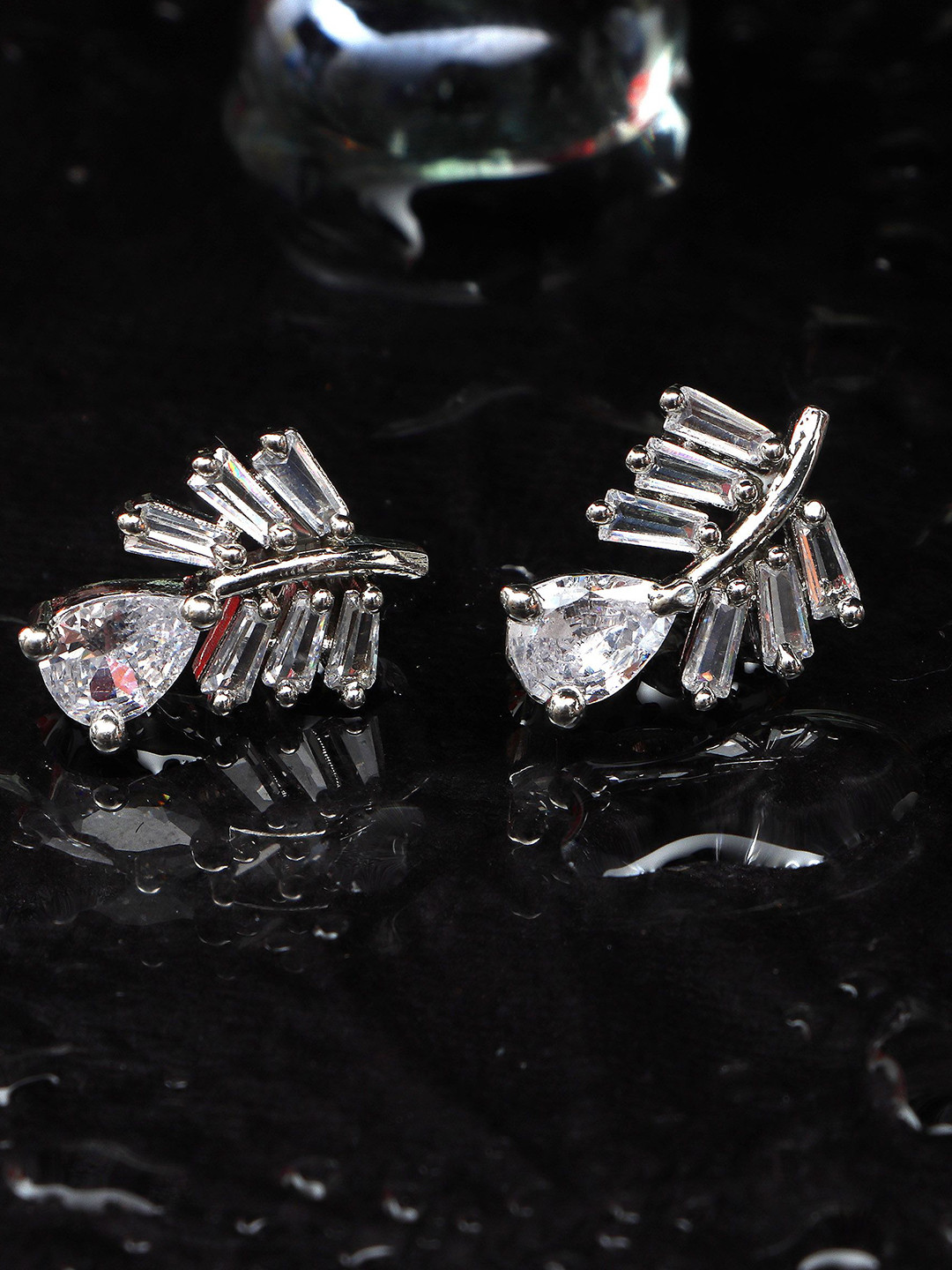 JYONA Sparkling Silver-Plated American Diamond Studded Contemporary Studs
