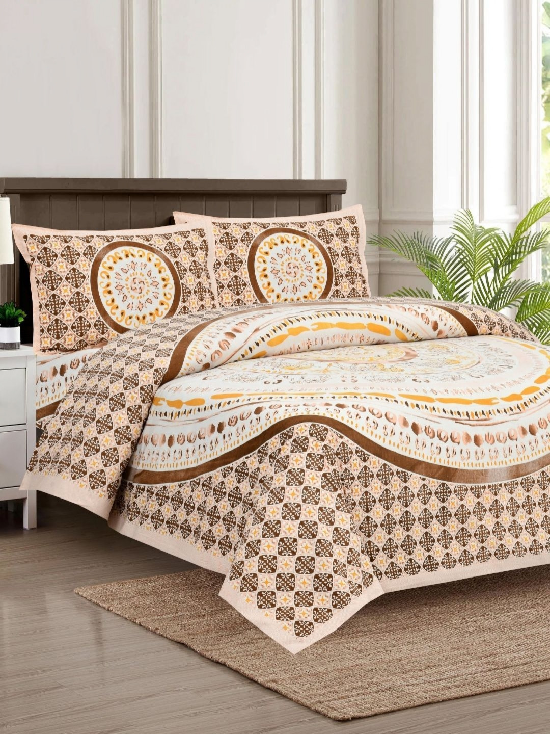 BED-SHEET.COM Peach Ethnic Motifs Pure Cotton 140 TC King Bedsheet with 2 Pillow Covers-274 x 254 cm