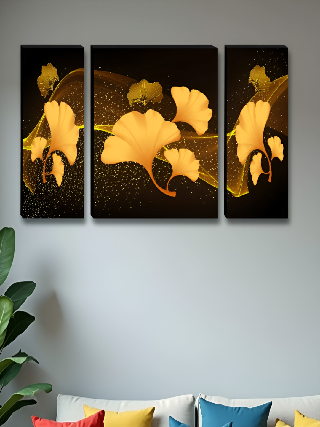 Aura Flower Wood 3 Pcs Wall Living Room Rectangle Paintings Wall Art -76.20 x 30.48In