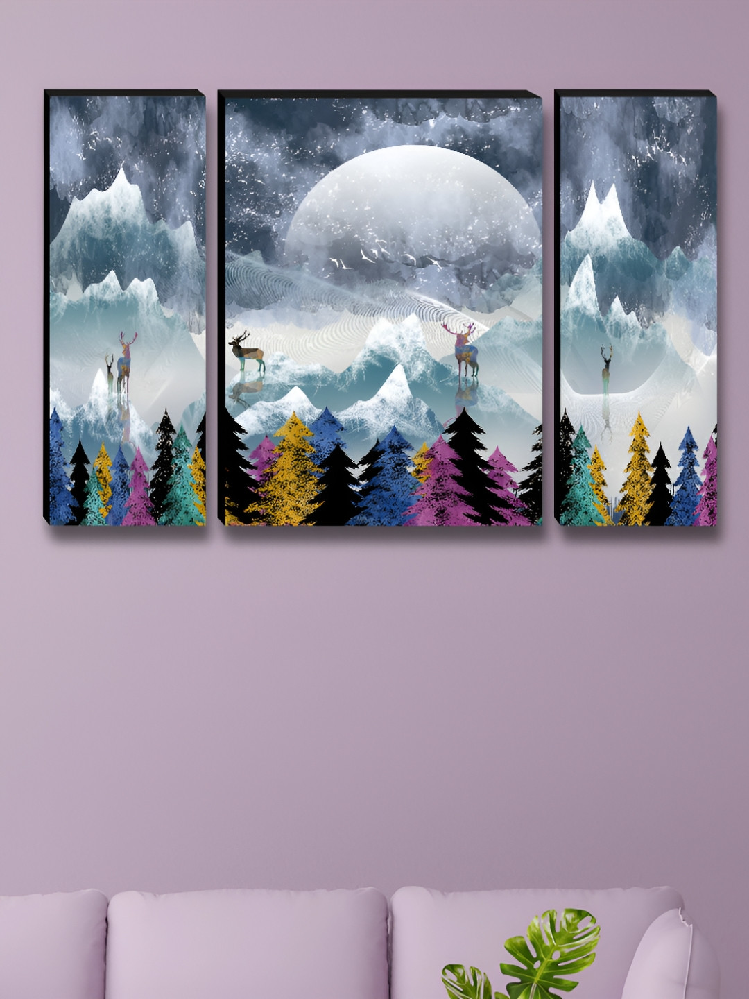 Aura Moon Wood 3 Piece Wall Rectangle Paintings Wall Art -30 x 12In