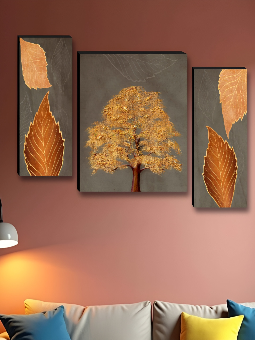 Aura Brown & Grey 3 Pieces Wood Tree and Leafs Wall Paintings