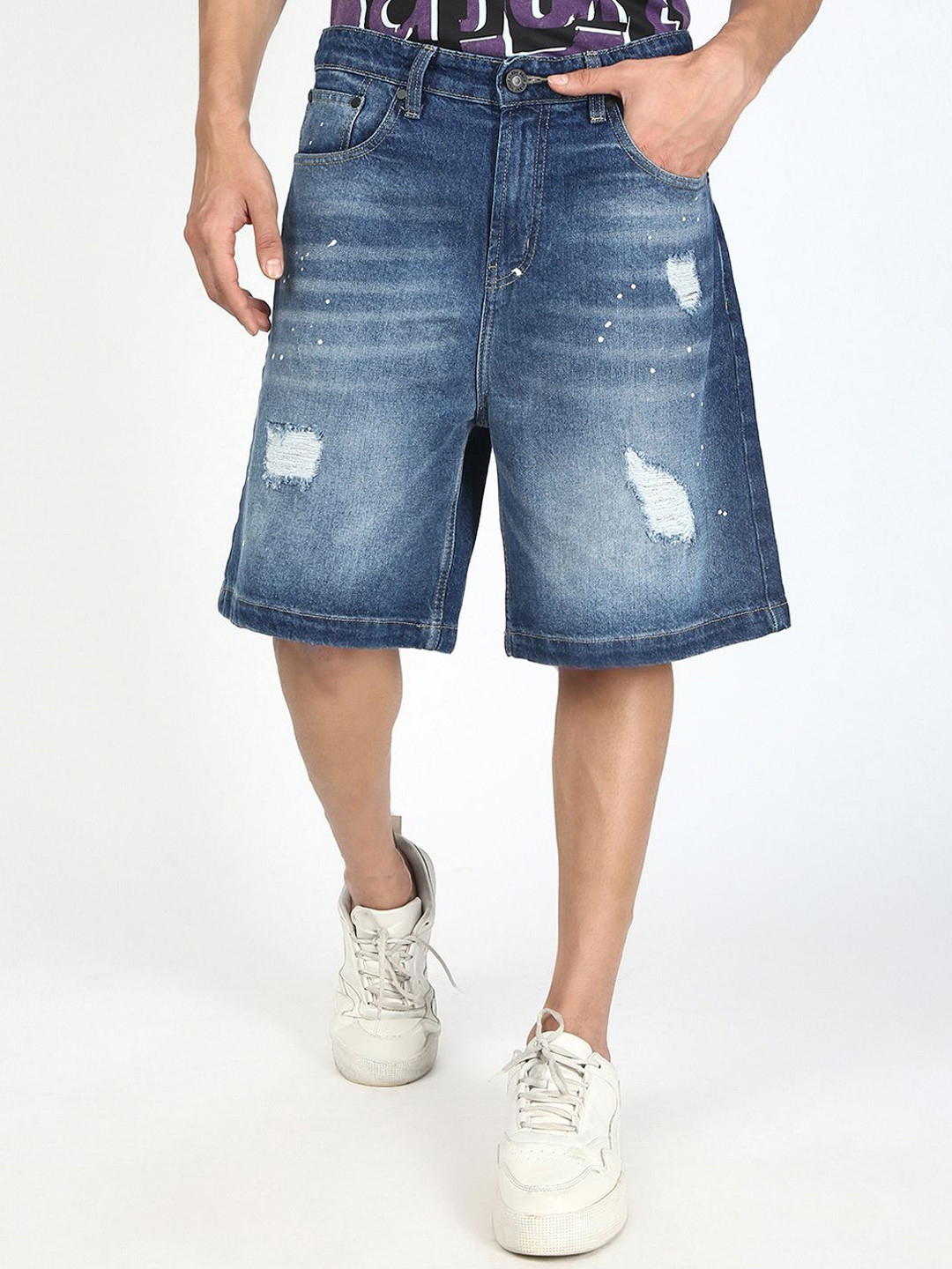 Bene Kleed Men Baggy Fit Paint Splatter Distressed Denim Shorts