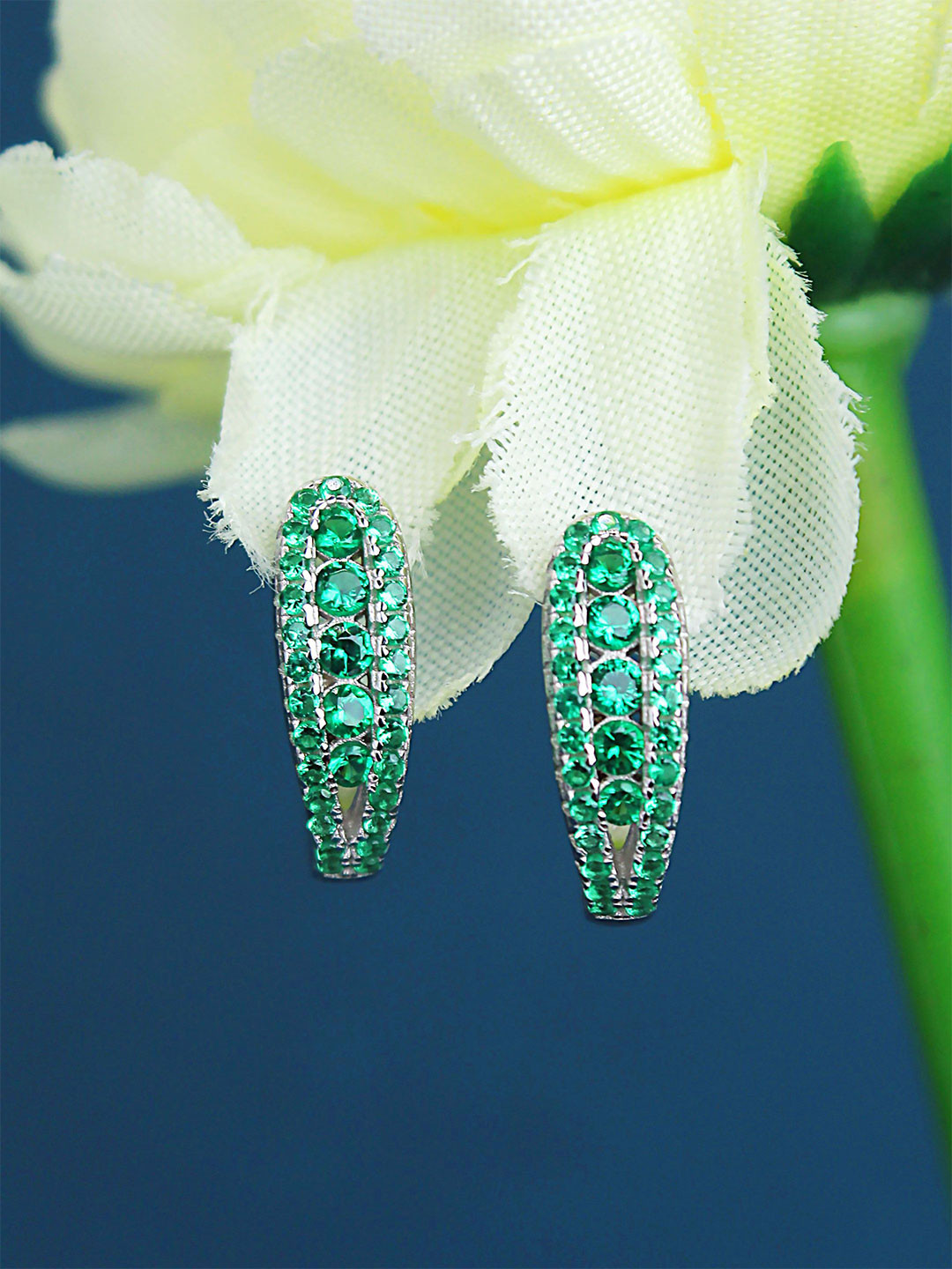 DEVASHREE 925 Sterling Silver Rhodium-Plated CZ Studded Floral Clip On Hoop Earrings