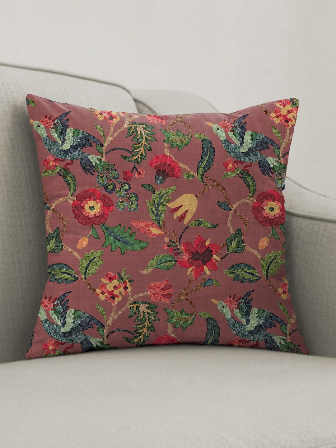 CASABLEU Cabal Pink & Green 2 Pieces Floral Embroidered Square Cushion Covers