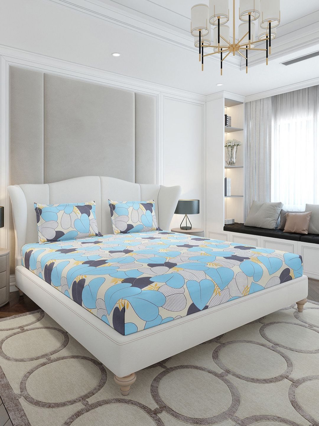 Monte Carlo Velar Blue Leaf Polyester 120 TC Queen Bedsheet with 2 Pillow Covers-230 x 250 cm