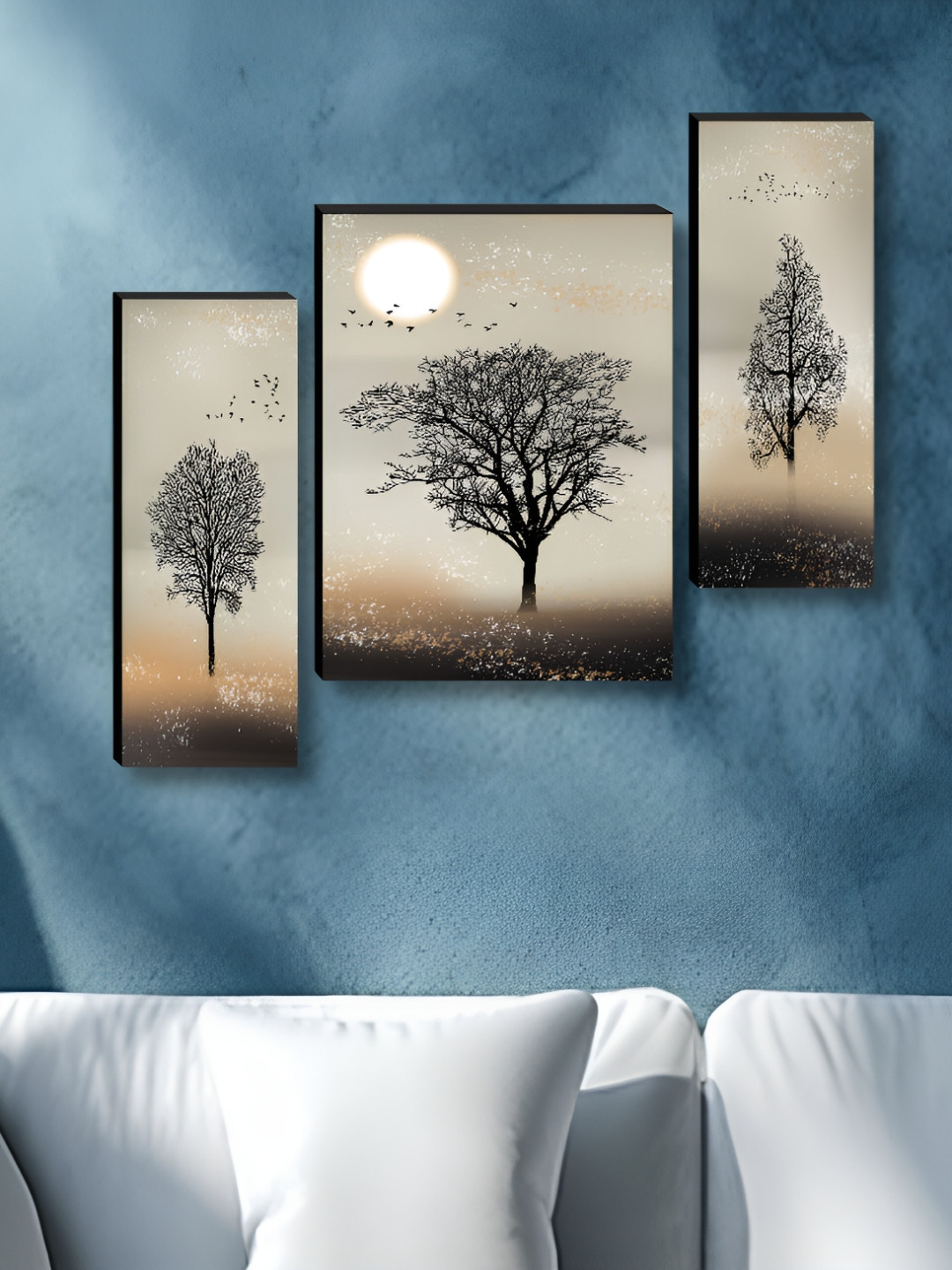 SAF Tree & Sun Wood 3 Piece Wall Rectangle Paintings Wall Art -12 x 24 In