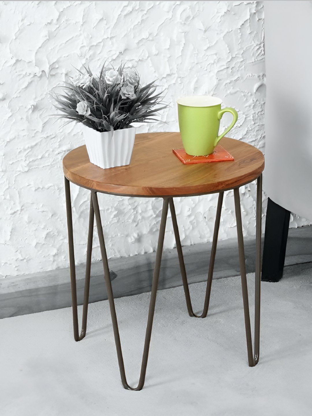 GLOBALLY INDIAN Brown & Grey Wooden Round BedsideTable