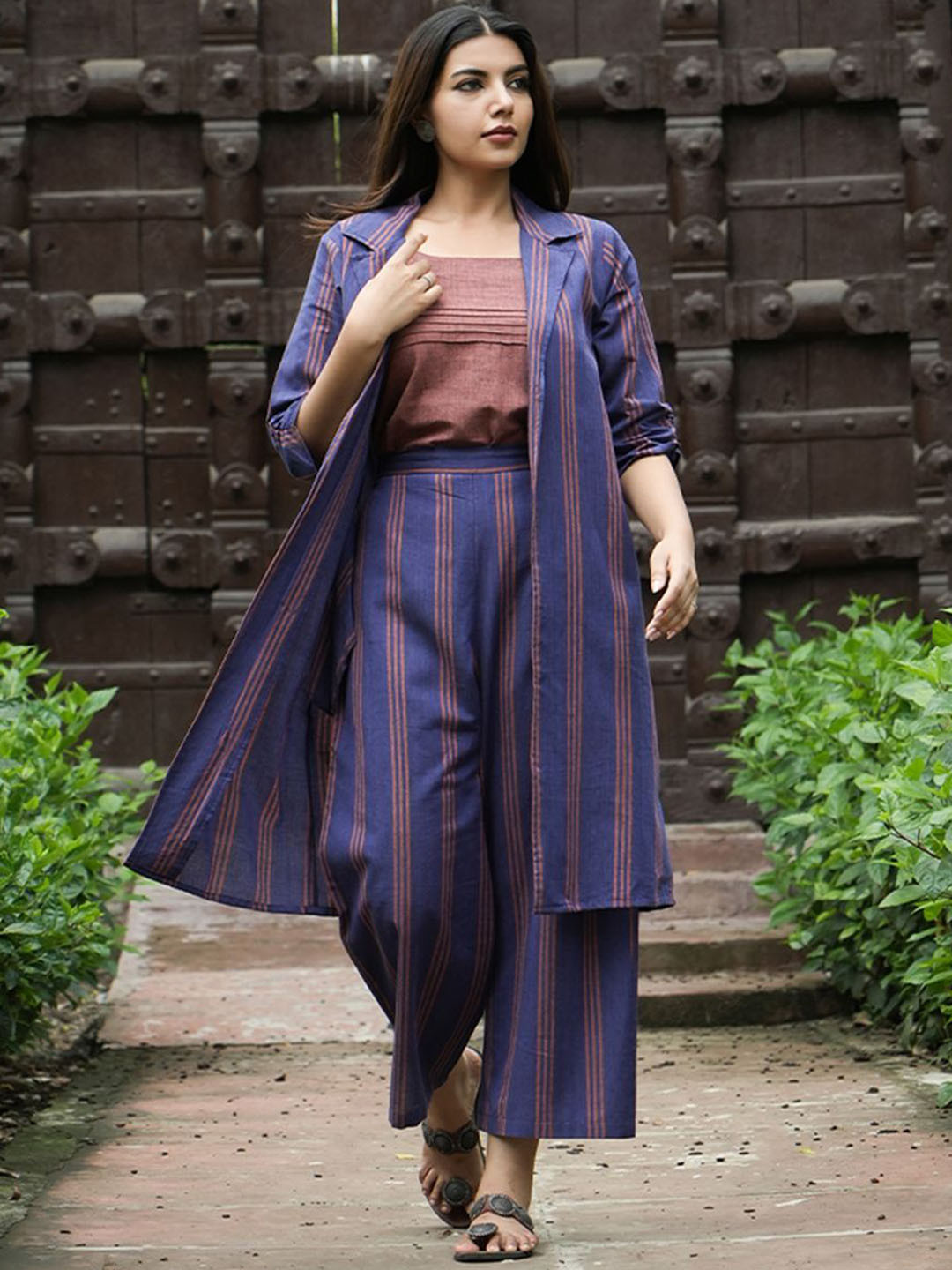 JITI Veda Striped Pure Cotton Coat With Palazzo & Top