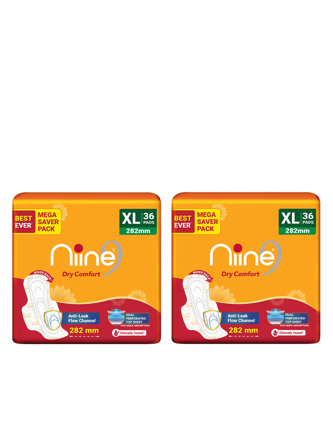 Niine Dry Comfort Set of 2 XL Anti Leak Flow 282mm Ultra Thin Sanitary Pads 40 Pads