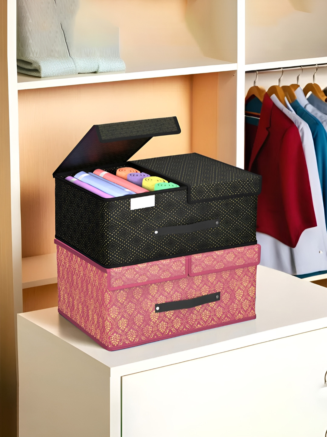 Aura Maroon 2 Pcs Cloth Organisers for Wardrobe Small Foldable Storage Box with Double Lid