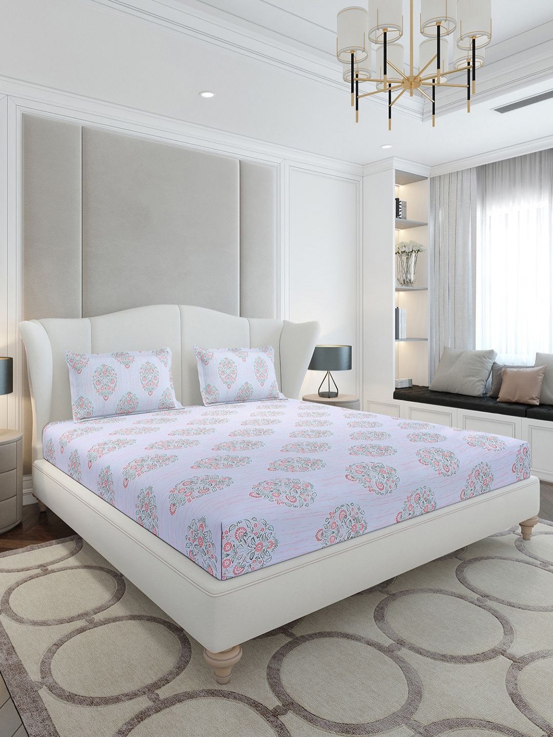 Monte Carlo Grey & Green Floral Printed 130 TC Fitted King Bedsheet Set-2 mx1.83 m x30 cm