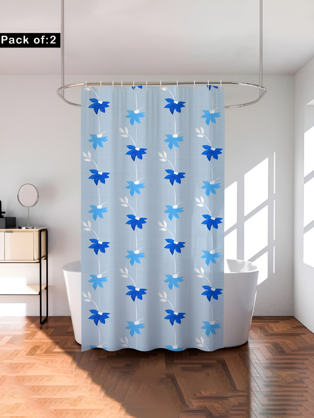 Aura 2 Pieces Blue & White Floral Printed Shower Curtain With 8 Rings