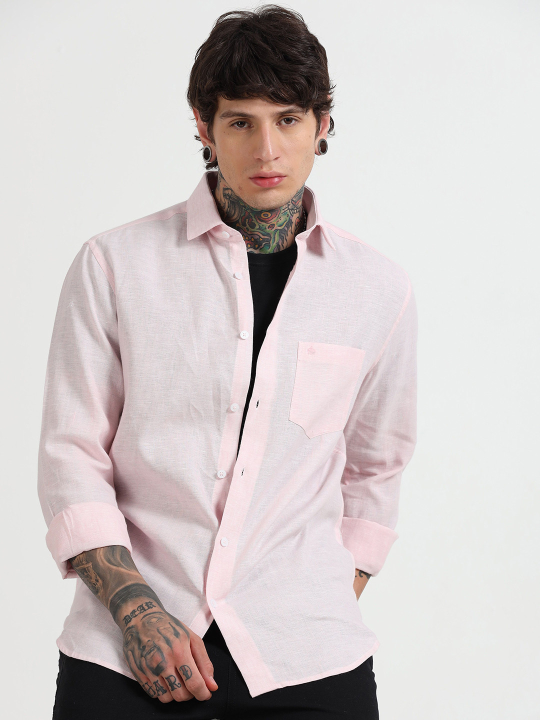 MARTIN SMITH Men Comfort Fit Solid Spread Collar Linen Casual Shirt