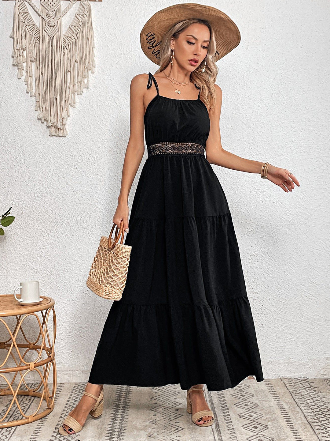 Outzidr Black Strapy Lace Tiered Flared Dress