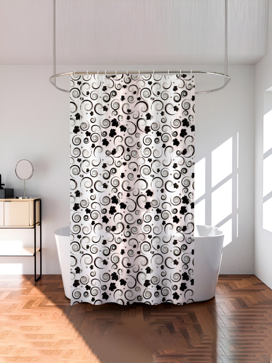 Aura Black & Grey 3D Spiral Printed Durable Waterproof Shower Curtain With 8 Rings