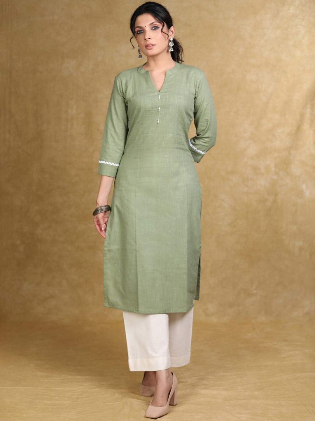 SUJATRA Thread Work White Mandarin Collar Cotton Straight Kurta